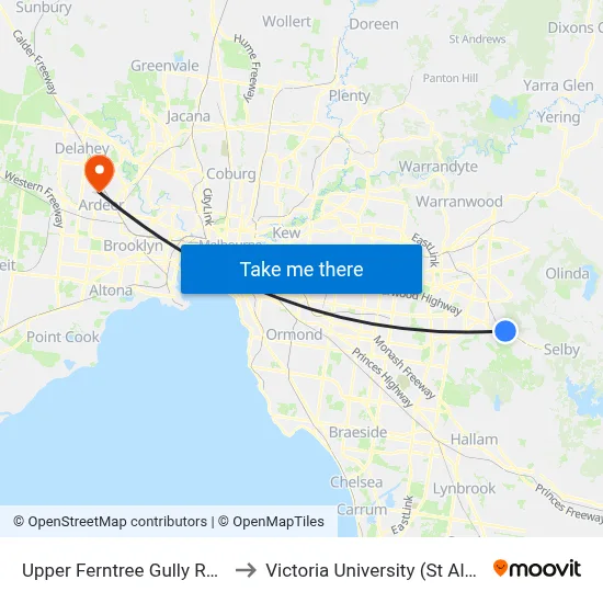 Upper Ferntree Gully Railway Station to Victoria University (St Albans Campus) map
