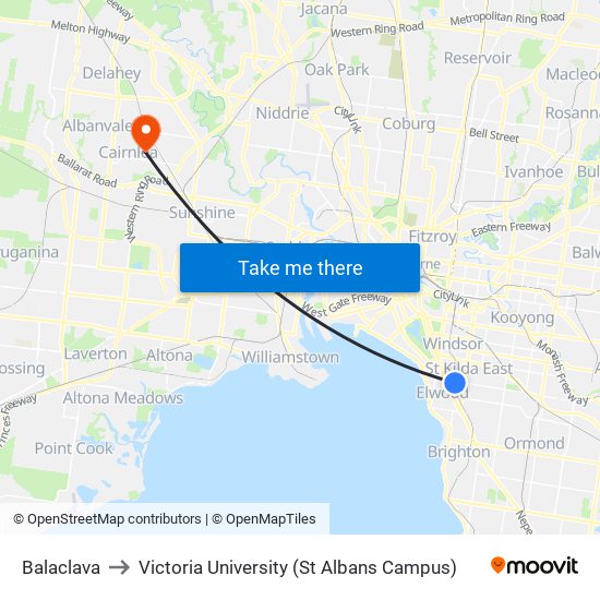 Balaclava to Victoria University (St Albans Campus) map