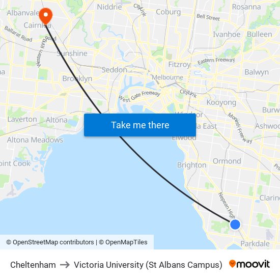 Cheltenham to Victoria University (St Albans Campus) map