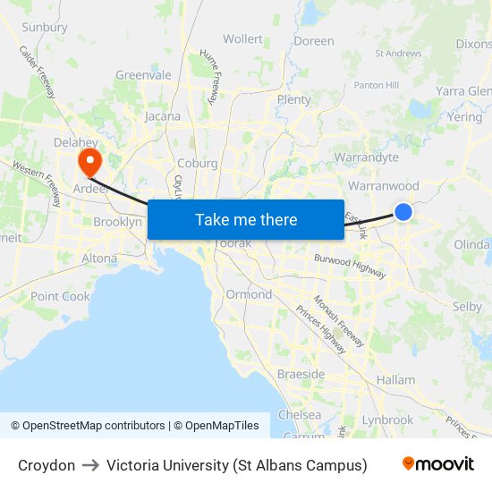 Croydon to Victoria University (St Albans Campus) map