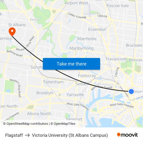 Flagstaff to Victoria University (St Albans Campus) map