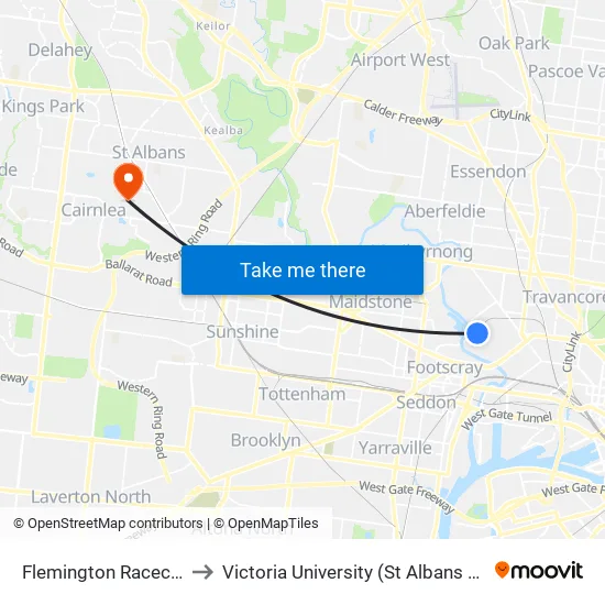 Flemington Racecourse to Victoria University (St Albans Campus) map