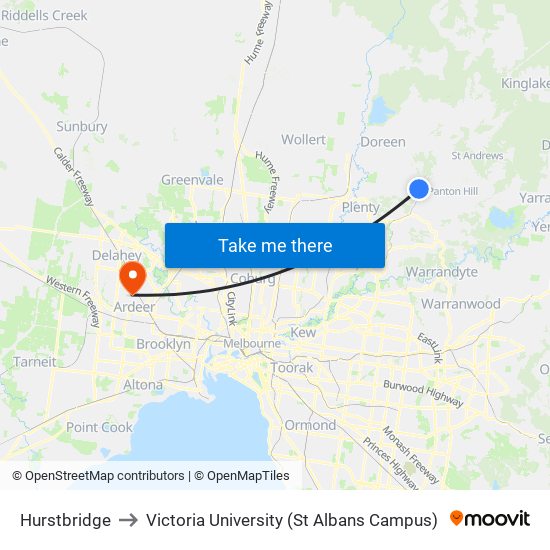 Hurstbridge to Victoria University (St Albans Campus) map