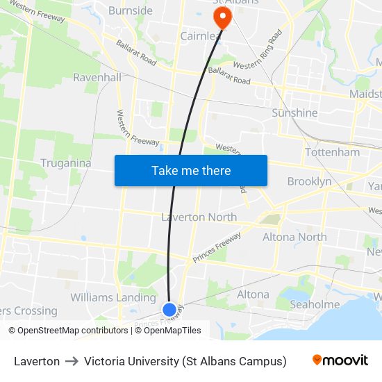 Laverton to Victoria University (St Albans Campus) map