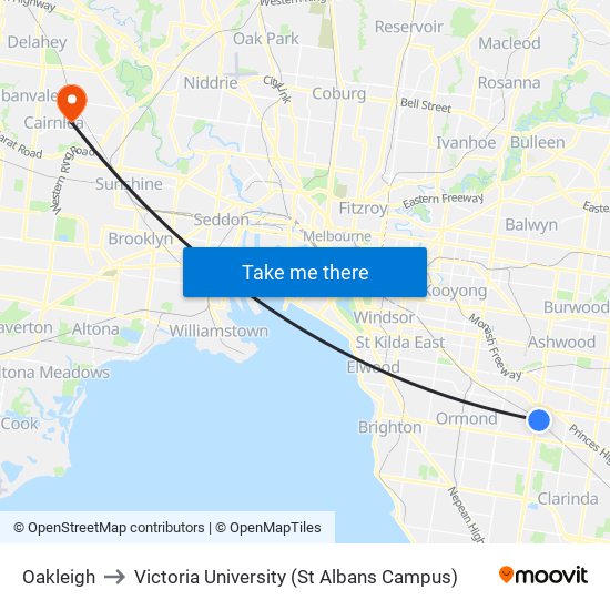 Oakleigh to Victoria University (St Albans Campus) map