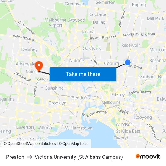 Preston to Victoria University (St Albans Campus) map