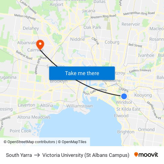 South Yarra to Victoria University (St Albans Campus) map