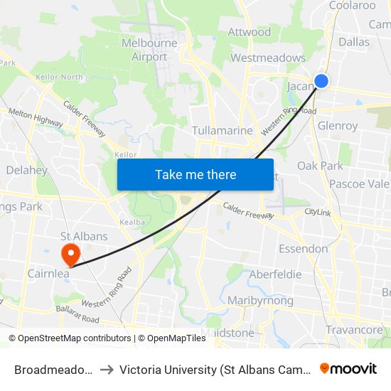 Broadmeadows to Victoria University (St Albans Campus) map