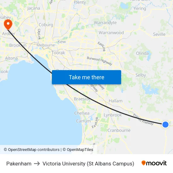 Pakenham to Victoria University (St Albans Campus) map