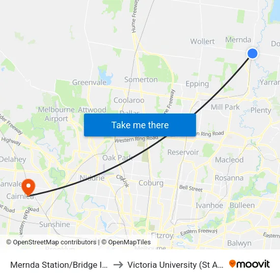 Mernda Station/Bridge Inn Rd to Victoria University (St Albans Campus) map