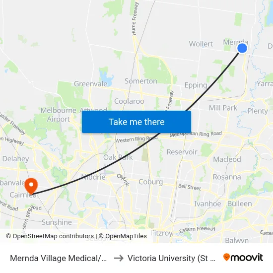 Mernda Village Medical/Mernda Village Dr to Victoria University (St Albans Campus) map