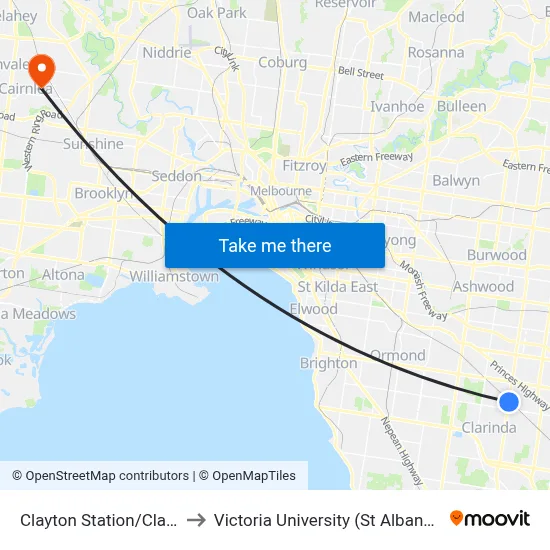 Clayton Station/Clayton Rd to Victoria University (St Albans Campus) map