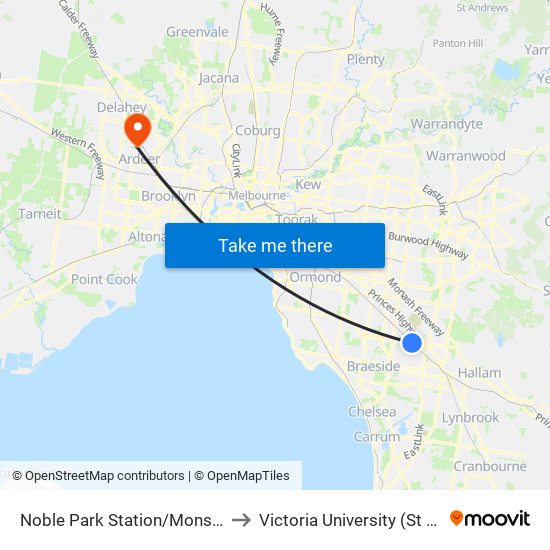 Noble Park Station/Mons Pde (Noble Park) to Victoria University (St Albans Campus) map