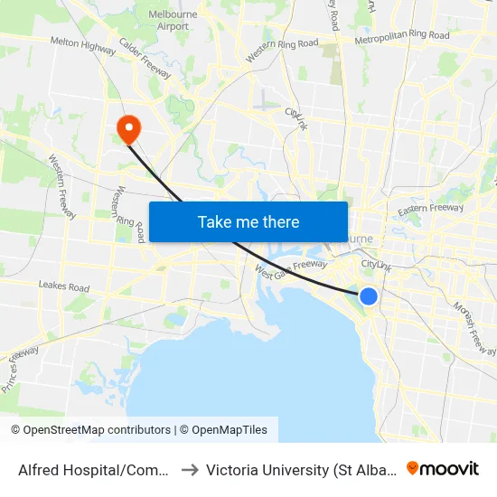 Alfred Hospital/Commercial Rd to Victoria University (St Albans Campus) map