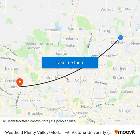 Westfield Plenty Valley/Mcdonalds Rd to Victoria University (St Albans Campus) map