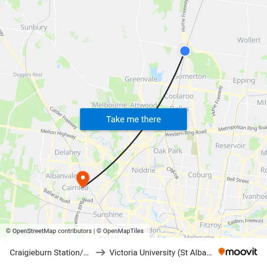 Craigieburn Station/Walters St to Victoria University (St Albans Campus) map