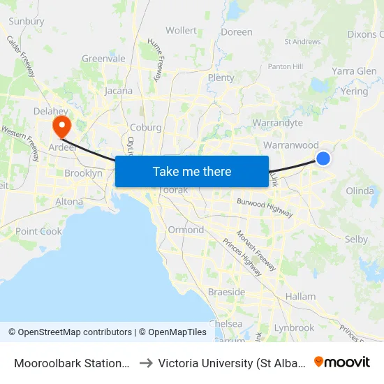 Mooroolbark Station/Brice Ave to Victoria University (St Albans Campus) map