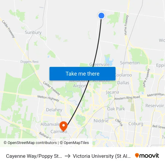 Cayenne Way/Poppy St to Victoria University (St Albans Campus) map
