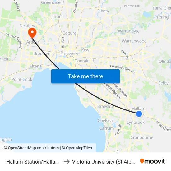 Hallam Station/Hallam South Rd to Victoria University (St Albans Campus) map