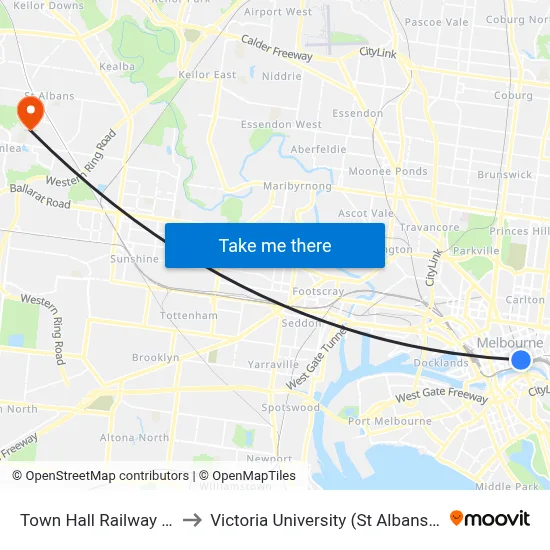 Town Hall Railway Station to Victoria University (St Albans Campus) map