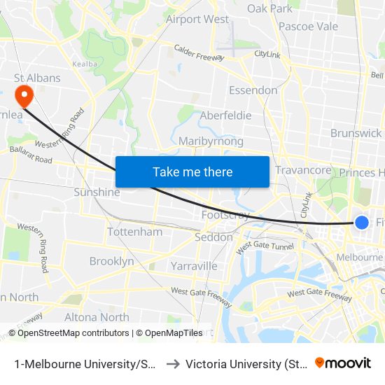 1-Melbourne University/Swanston St (Carlton) to Victoria University (St Albans Campus) map