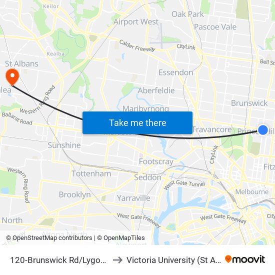 120-Brunswick Rd/Lygon St (Brunswick) to Victoria University (St Albans Campus) map