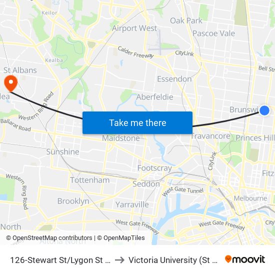 126-Stewart St/Lygon St (Brunswick East) to Victoria University (St Albans Campus) map