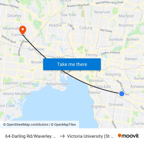 64-Darling Rd/Waverley Rd (Malvern East) to Victoria University (St Albans Campus) map