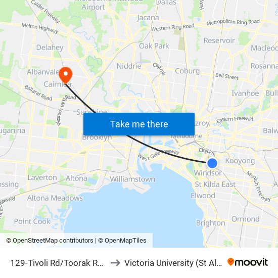 129-Tivoli Rd/Toorak Rd (South Yarra) to Victoria University (St Albans Campus) map