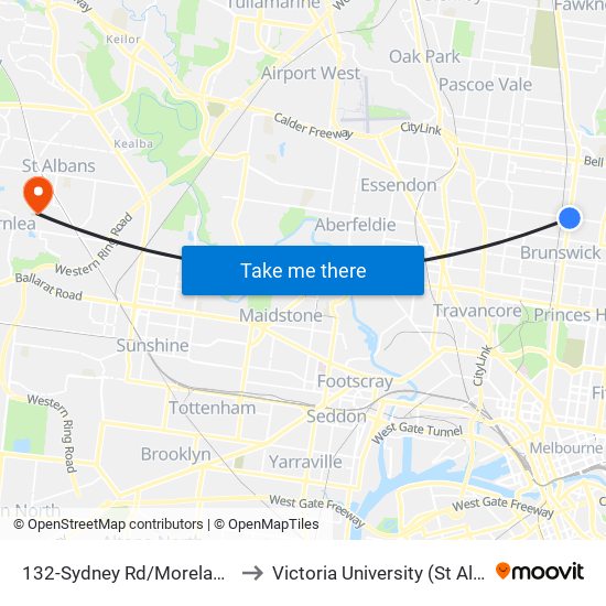 132-Sydney Rd/Moreland Rd (Coburg) to Victoria University (St Albans Campus) map