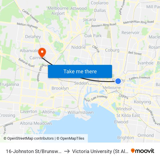 16-Johnston St/Brunswick St (Fitzroy) to Victoria University (St Albans Campus) map