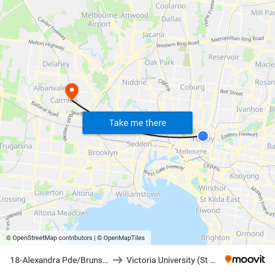 18-Alexandra Pde/Brunswick St (Fitzroy) to Victoria University (St Albans Campus) map