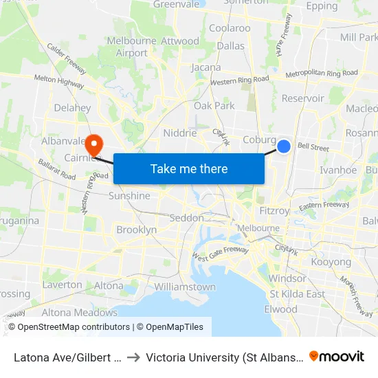 Latona Ave/Gilbert Rd #39 to Victoria University (St Albans Campus) map