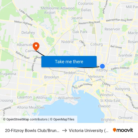 Fitzroy Bowls Club/Brunswick St #20 to Victoria University (St Albans Campus) map