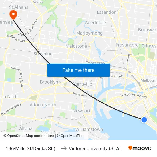 Mills St/Danks St #136 to Victoria University (St Albans Campus) map