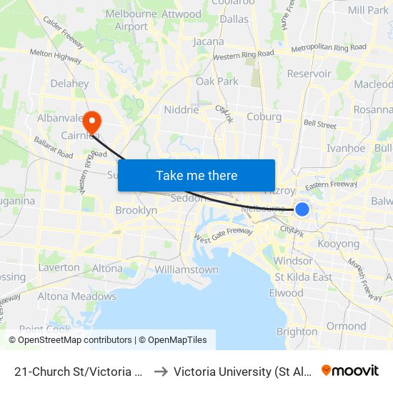 21-Church St/Victoria St (Richmond) to Victoria University (St Albans Campus) map