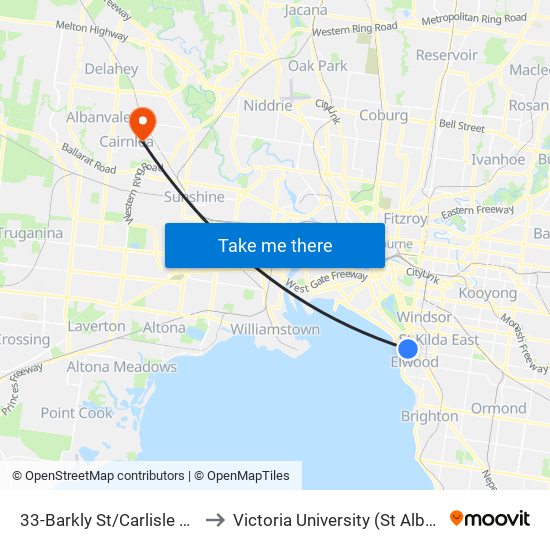 33-Barkly St/Carlisle St (St Kilda) to Victoria University (St Albans Campus) map