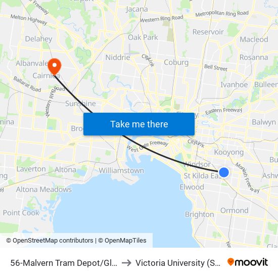 56-Malvern Tram Depot/Glenferrie Rd (Malvern) to Victoria University (St Albans Campus) map