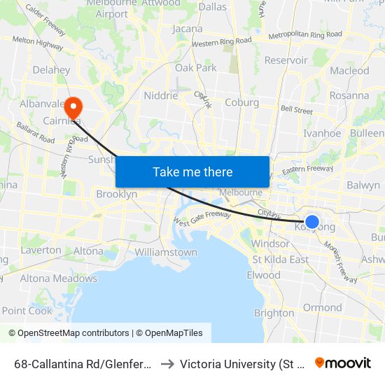 68-Callantina Rd/Glenferrie Rd (Hawthorn) to Victoria University (St Albans Campus) map