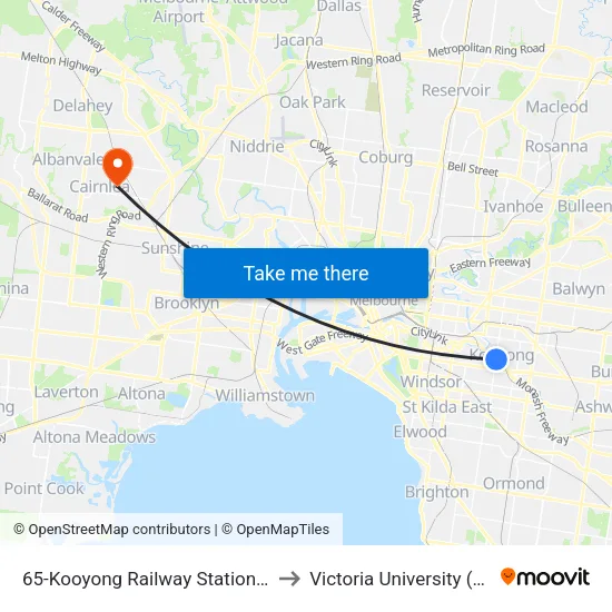 Kooyong Railway Station/Glenferrie Rd #65 to Victoria University (St Albans Campus) map