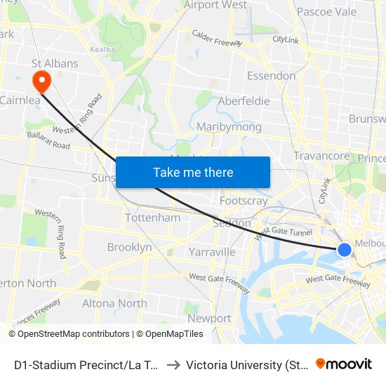 D1-Stadium Precinct/La Trobe St (Docklands) to Victoria University (St Albans Campus) map