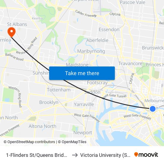 1-Flinders St/Queens Bridge St (Melbourne City) to Victoria University (St Albans Campus) map