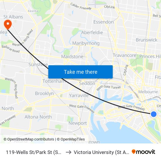 119-Wells St/Park St (South Melbourne) to Victoria University (St Albans Campus) map