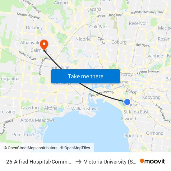 26-Alfred Hospital/Commercial Rd (South Yarra) to Victoria University (St Albans Campus) map