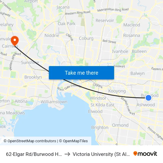 Elgar Rd/Burwood Hwy #62 to Victoria University (St Albans Campus) map
