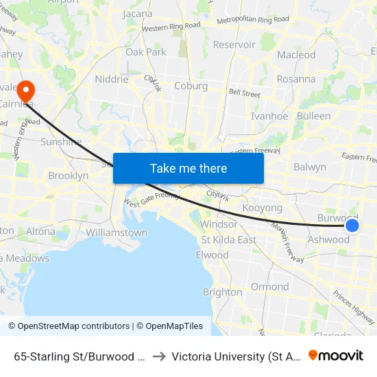 Starling St/Burwood Hwy #65 to Victoria University (St Albans Campus) map
