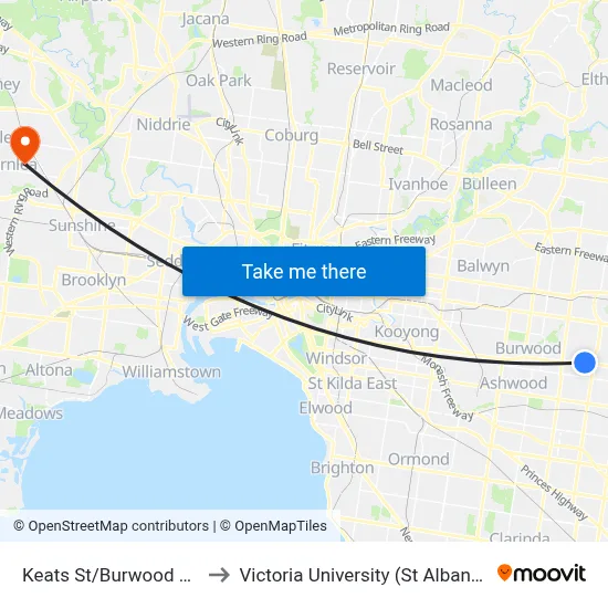 Keats St/Burwood Hwy #69 to Victoria University (St Albans Campus) map