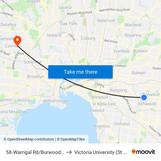 58-Warrigal Rd/Burwood Hwy (Burwood) to Victoria University (St Albans Campus) map