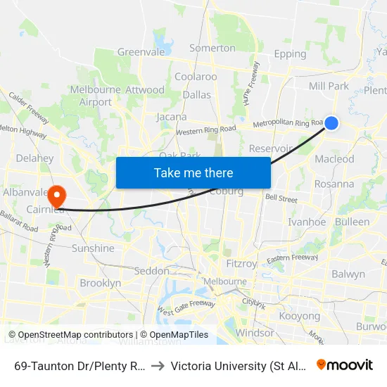 Taunton Dr/Plenty Rd #69 to Victoria University (St Albans Campus) map