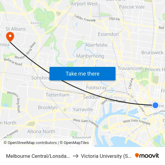 Melbourne Central/Lonsdale St to Victoria University (St Albans Campus) map